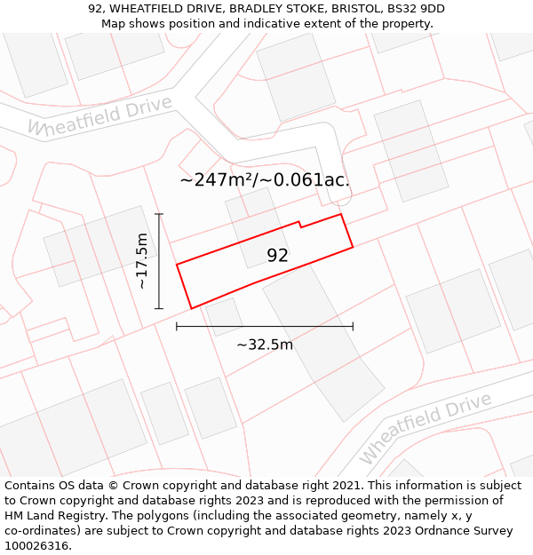 92, WHEATFIELD DRIVE, BRADLEY STOKE, BRISTOL, BS32 9DD: Plot and title map
