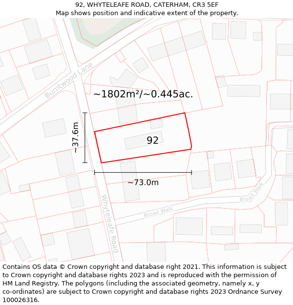 92, WHYTELEAFE ROAD, CATERHAM, CR3 5EF: Plot and title map