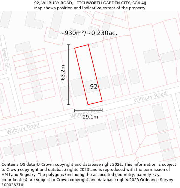 92, WILBURY ROAD, LETCHWORTH GARDEN CITY, SG6 4JJ: Plot and title map