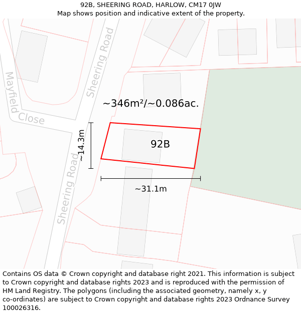 92B, SHEERING ROAD, HARLOW, CM17 0JW: Plot and title map