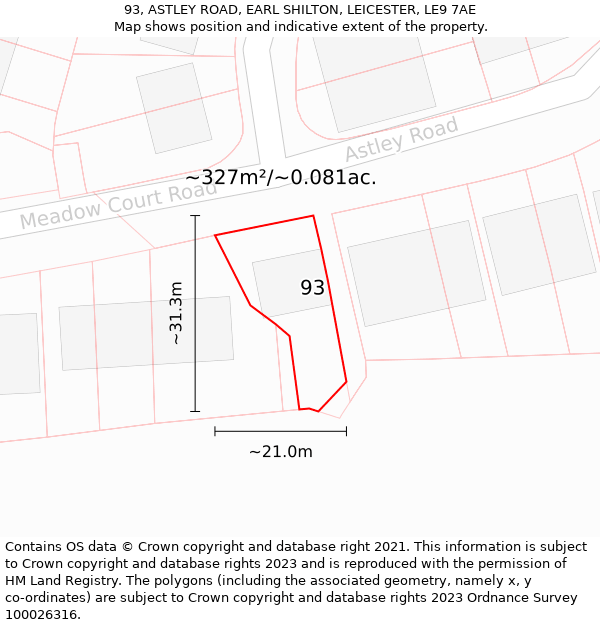 93, ASTLEY ROAD, EARL SHILTON, LEICESTER, LE9 7AE: Plot and title map