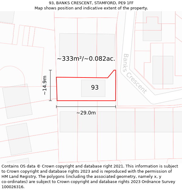 93, BANKS CRESCENT, STAMFORD, PE9 1FF: Plot and title map