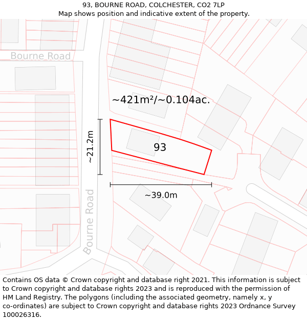 93, BOURNE ROAD, COLCHESTER, CO2 7LP: Plot and title map