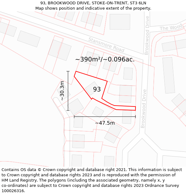 93, BROOKWOOD DRIVE, STOKE-ON-TRENT, ST3 6LN: Plot and title map