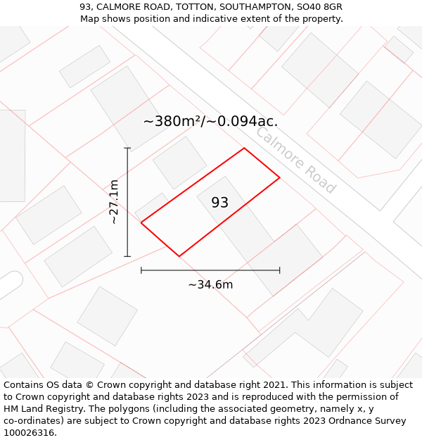 93, CALMORE ROAD, TOTTON, SOUTHAMPTON, SO40 8GR: Plot and title map