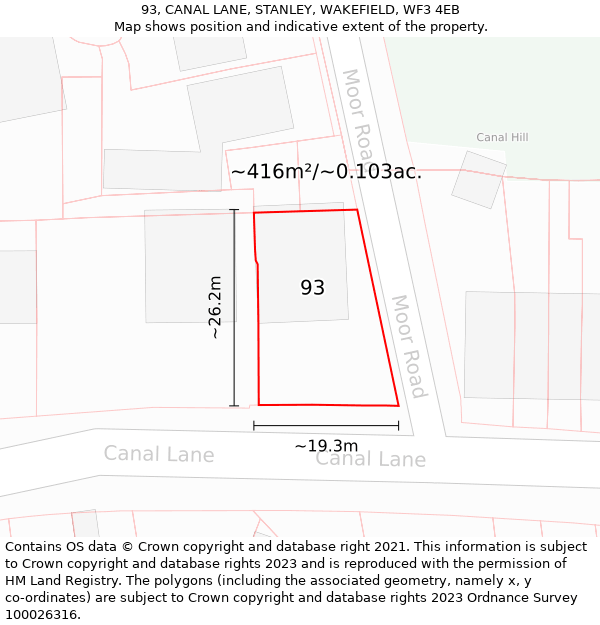 93, CANAL LANE, STANLEY, WAKEFIELD, WF3 4EB: Plot and title map