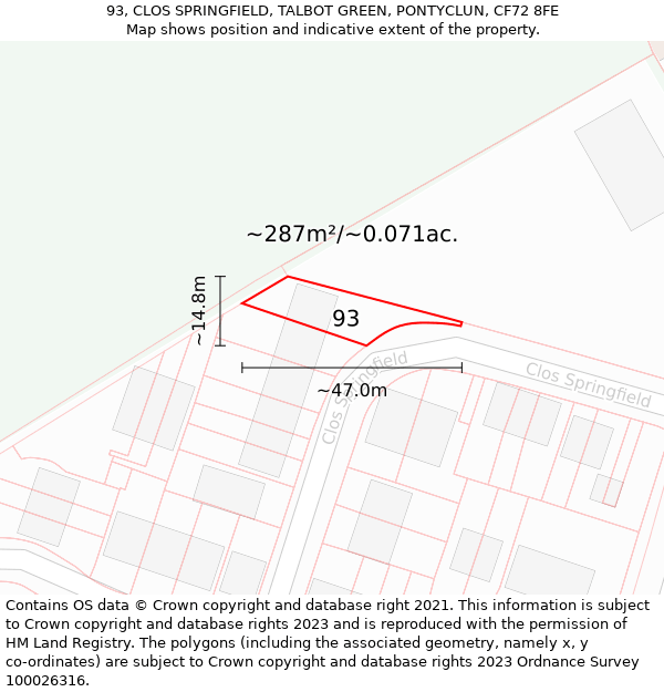 93, CLOS SPRINGFIELD, TALBOT GREEN, PONTYCLUN, CF72 8FE: Plot and title map