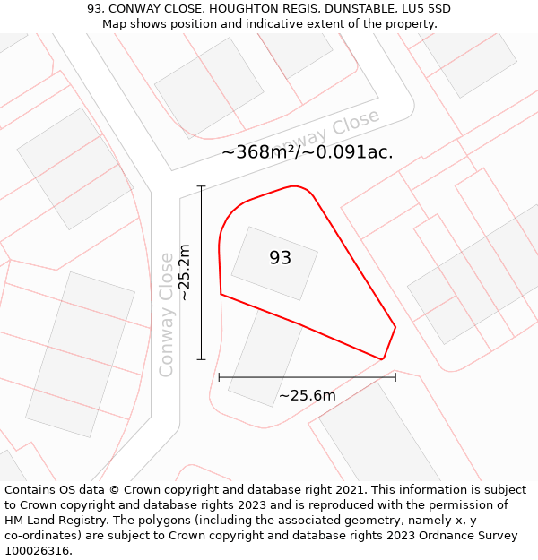 93, CONWAY CLOSE, HOUGHTON REGIS, DUNSTABLE, LU5 5SD: Plot and title map