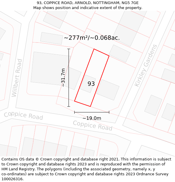 93, COPPICE ROAD, ARNOLD, NOTTINGHAM, NG5 7GE: Plot and title map