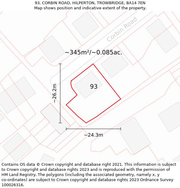 93, CORBIN ROAD, HILPERTON, TROWBRIDGE, BA14 7EN: Plot and title map