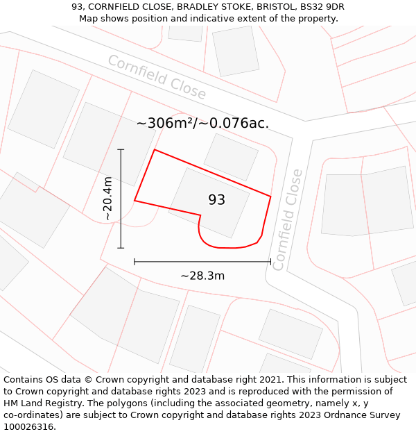 93, CORNFIELD CLOSE, BRADLEY STOKE, BRISTOL, BS32 9DR: Plot and title map