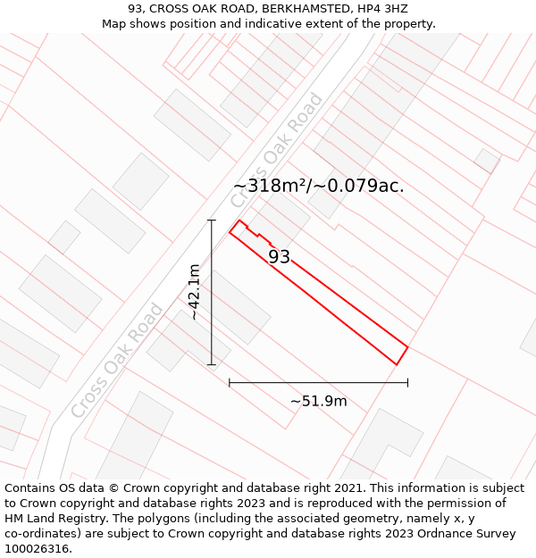 93, CROSS OAK ROAD, BERKHAMSTED, HP4 3HZ: Plot and title map