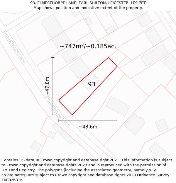 93, ELMESTHORPE LANE, EARL SHILTON, LEICESTER, LE9 7PT: Plot and title map