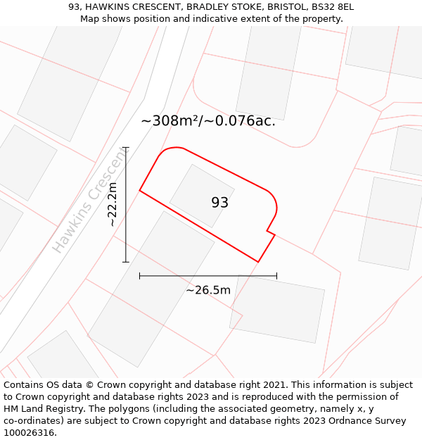 93, HAWKINS CRESCENT, BRADLEY STOKE, BRISTOL, BS32 8EL: Plot and title map