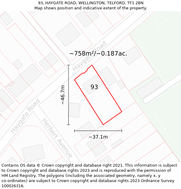 93, HAYGATE ROAD, WELLINGTON, TELFORD, TF1 2BN: Plot and title map
