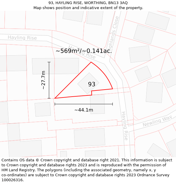 93, HAYLING RISE, WORTHING, BN13 3AQ: Plot and title map