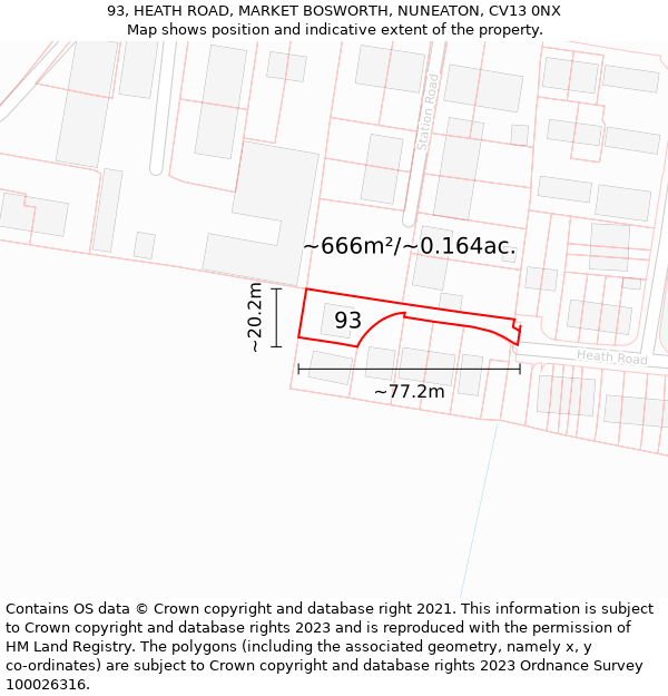 93, HEATH ROAD, MARKET BOSWORTH, NUNEATON, CV13 0NX: Plot and title map