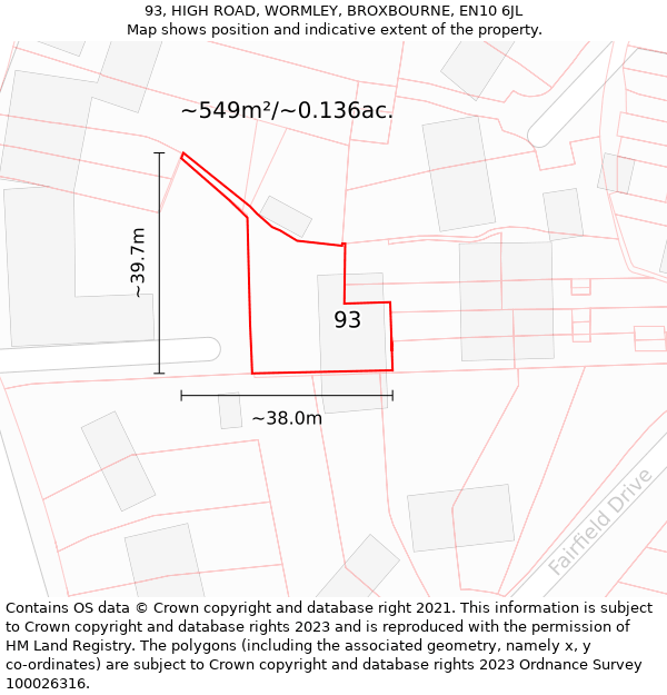 93, HIGH ROAD, WORMLEY, BROXBOURNE, EN10 6JL: Plot and title map