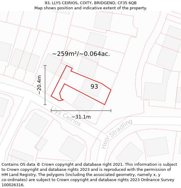 93, LLYS CEIRIOS, COITY, BRIDGEND, CF35 6QB: Plot and title map