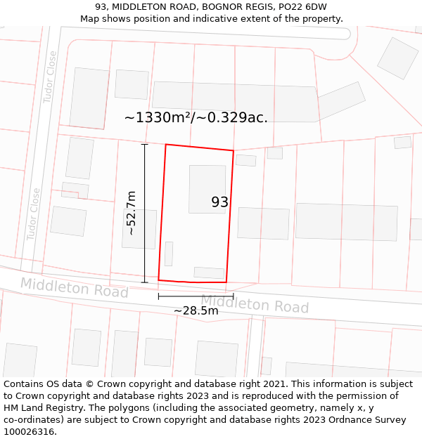 93, MIDDLETON ROAD, BOGNOR REGIS, PO22 6DW: Plot and title map