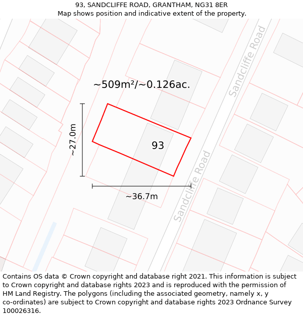 93, SANDCLIFFE ROAD, GRANTHAM, NG31 8ER: Plot and title map