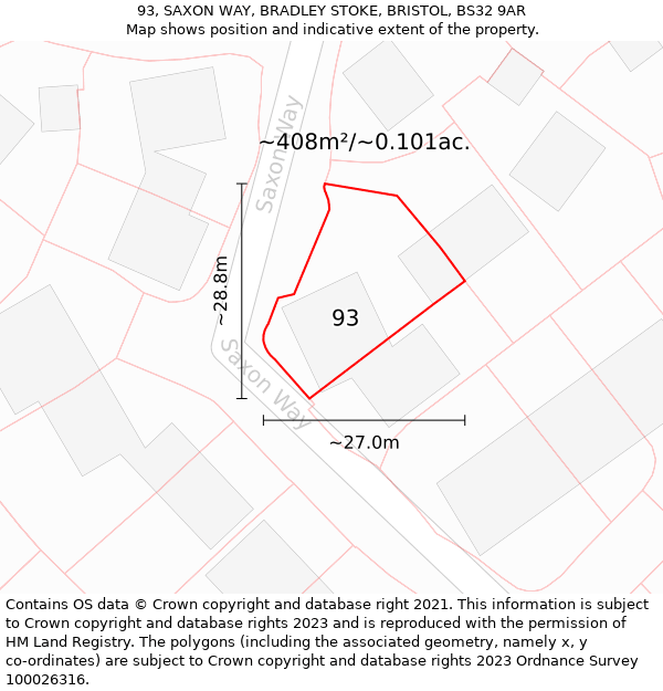 93, SAXON WAY, BRADLEY STOKE, BRISTOL, BS32 9AR: Plot and title map