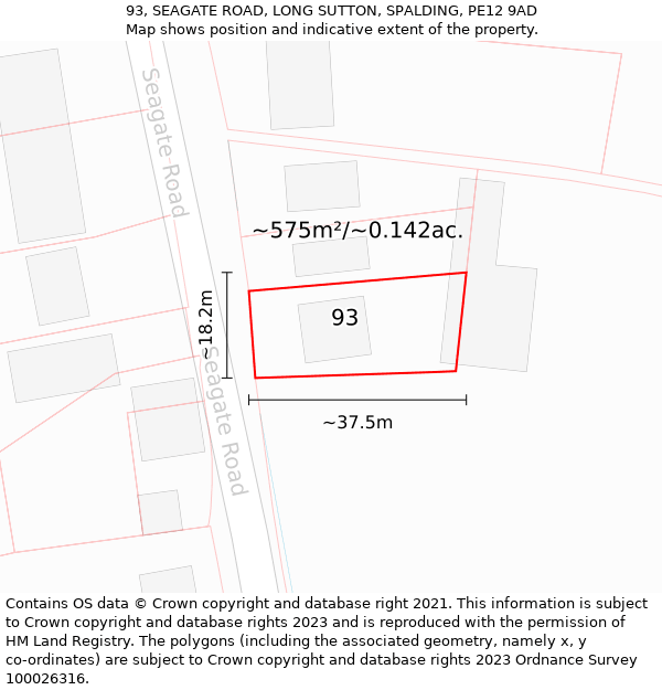 93, SEAGATE ROAD, LONG SUTTON, SPALDING, PE12 9AD: Plot and title map