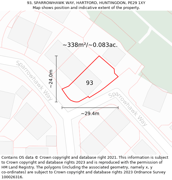 93, SPARROWHAWK WAY, HARTFORD, HUNTINGDON, PE29 1XY: Plot and title map