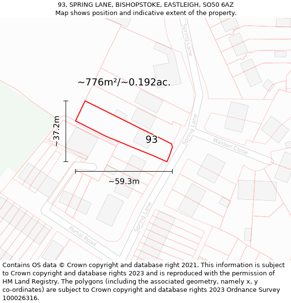 93, SPRING LANE, BISHOPSTOKE, EASTLEIGH, SO50 6AZ: Plot and title map