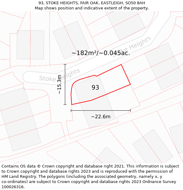 93, STOKE HEIGHTS, FAIR OAK, EASTLEIGH, SO50 8AH: Plot and title map