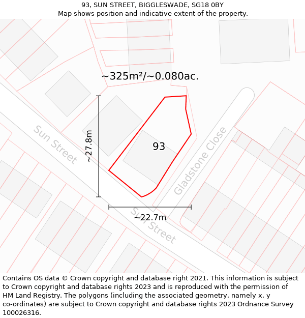 93, SUN STREET, BIGGLESWADE, SG18 0BY: Plot and title map