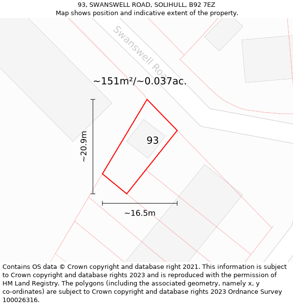 93, SWANSWELL ROAD, SOLIHULL, B92 7EZ: Plot and title map