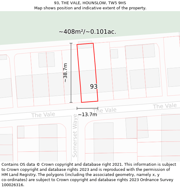 93, THE VALE, HOUNSLOW, TW5 9HS: Plot and title map