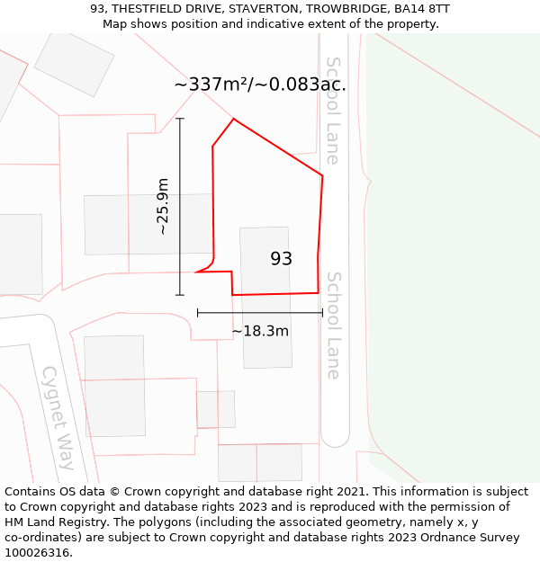 93, THESTFIELD DRIVE, STAVERTON, TROWBRIDGE, BA14 8TT: Plot and title map