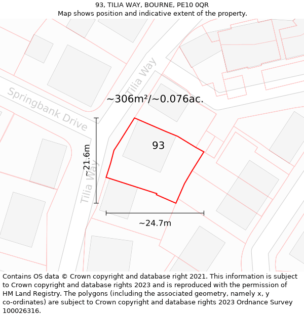 93, TILIA WAY, BOURNE, PE10 0QR: Plot and title map