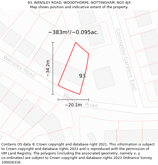 93, WENSLEY ROAD, WOODTHORPE, NOTTINGHAM, NG5 4JX: Plot and title map