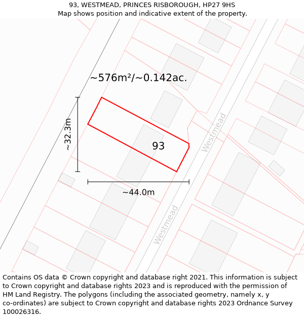 93, WESTMEAD, PRINCES RISBOROUGH, HP27 9HS: Plot and title map