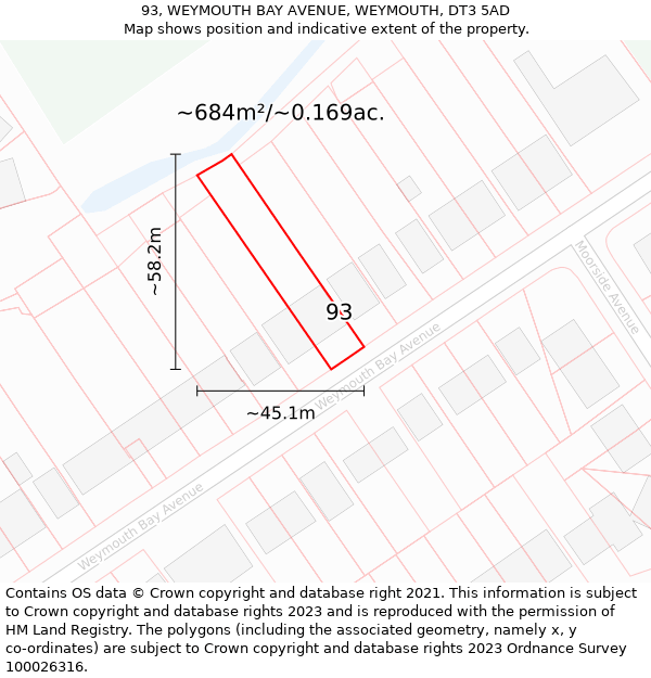 93, WEYMOUTH BAY AVENUE, WEYMOUTH, DT3 5AD: Plot and title map