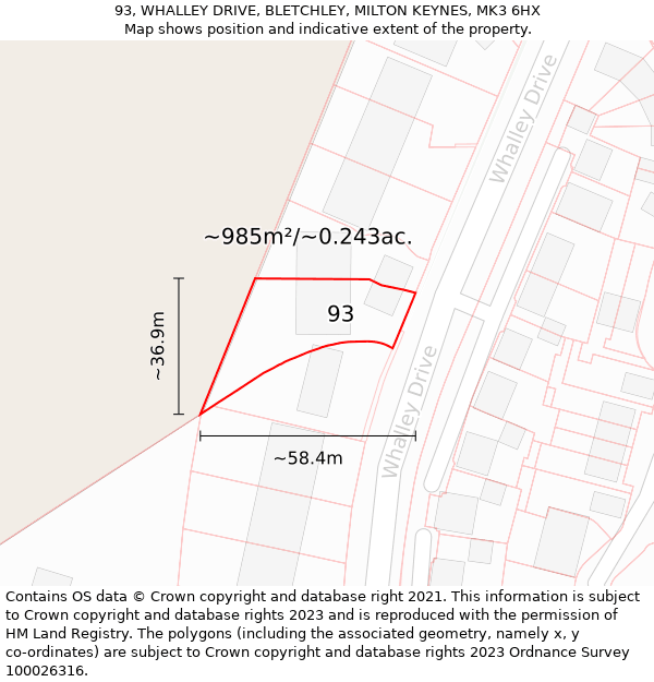93, WHALLEY DRIVE, BLETCHLEY, MILTON KEYNES, MK3 6HX: Plot and title map