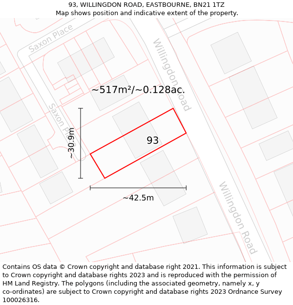 93, WILLINGDON ROAD, EASTBOURNE, BN21 1TZ: Plot and title map