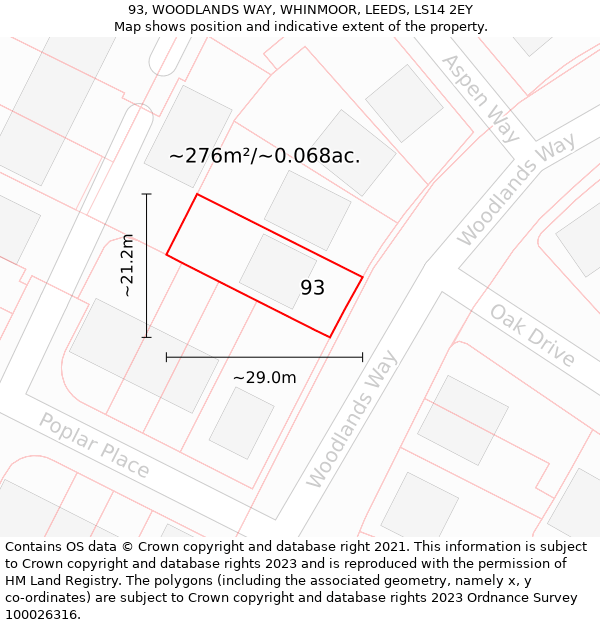 93, WOODLANDS WAY, WHINMOOR, LEEDS, LS14 2EY: Plot and title map