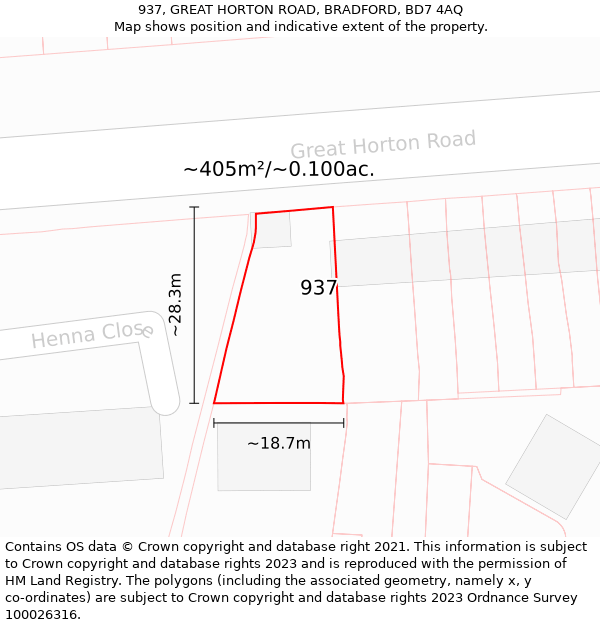 937, GREAT HORTON ROAD, BRADFORD, BD7 4AQ: Plot and title map