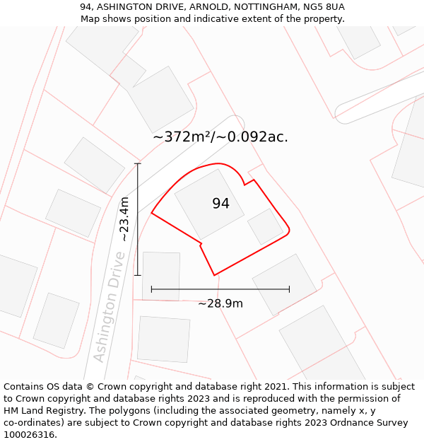 94, ASHINGTON DRIVE, ARNOLD, NOTTINGHAM, NG5 8UA: Plot and title map