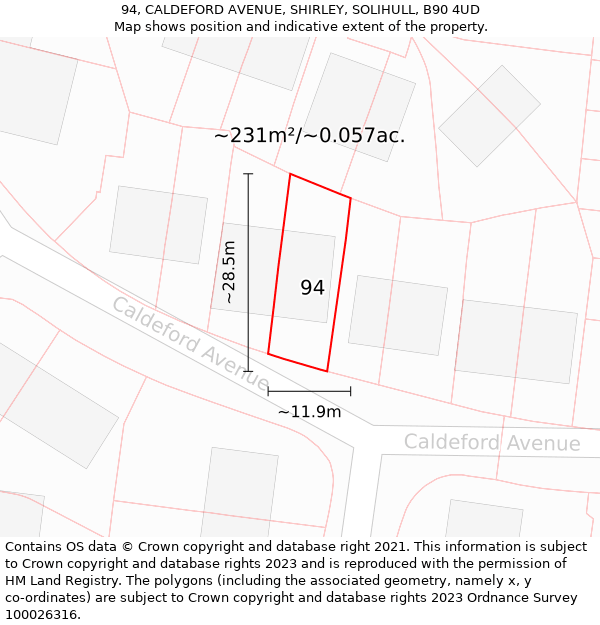 94, CALDEFORD AVENUE, SHIRLEY, SOLIHULL, B90 4UD: Plot and title map