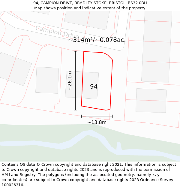 94, CAMPION DRIVE, BRADLEY STOKE, BRISTOL, BS32 0BH: Plot and title map