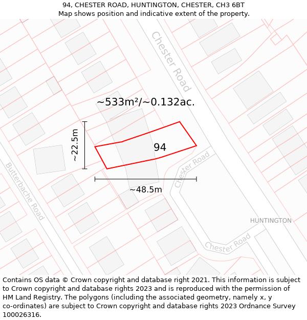 94, CHESTER ROAD, HUNTINGTON, CHESTER, CH3 6BT: Plot and title map