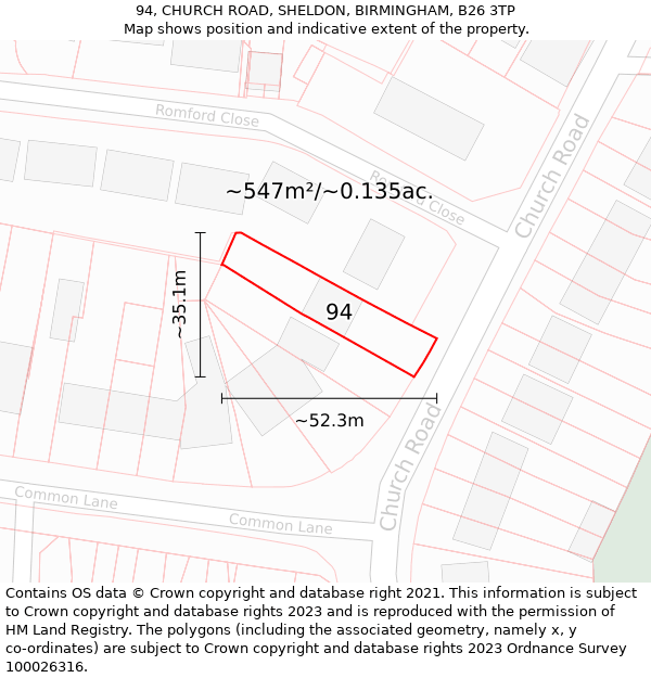 94, CHURCH ROAD, SHELDON, BIRMINGHAM, B26 3TP: Plot and title map