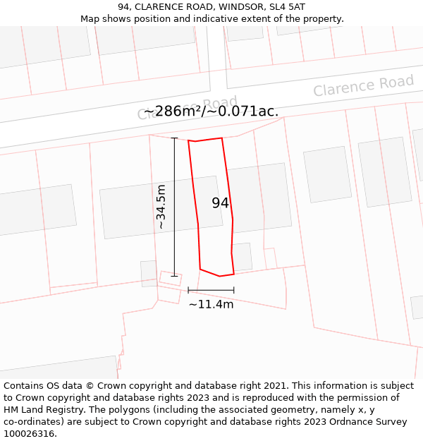 94, CLARENCE ROAD, WINDSOR, SL4 5AT: Plot and title map