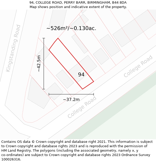 94, COLLEGE ROAD, PERRY BARR, BIRMINGHAM, B44 8DA: Plot and title map