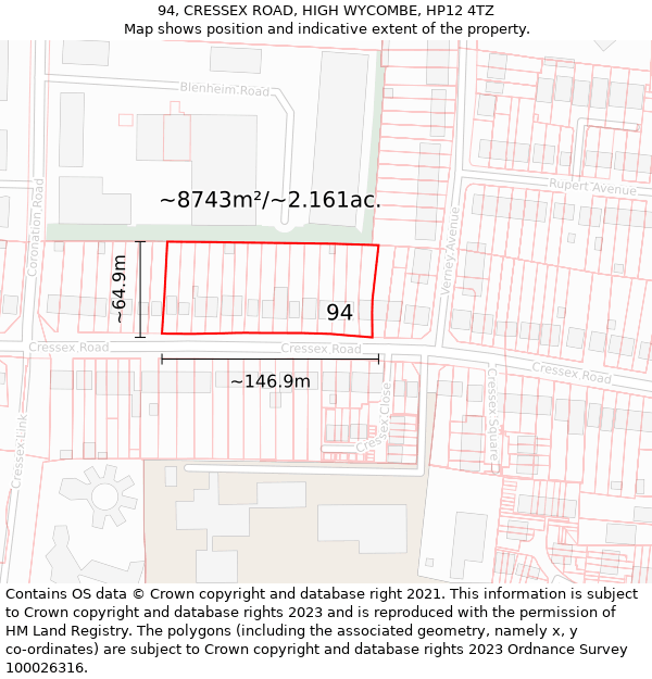 94, CRESSEX ROAD, HIGH WYCOMBE, HP12 4TZ: Plot and title map